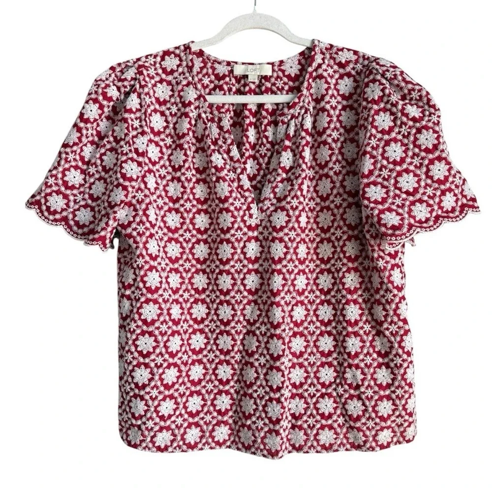 LOFT Floral Eyelet Lace Red Blouse Puff Sleeve Scallop Cottagecore Coquette XL